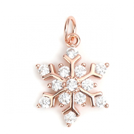 Picture of Brass Christmas Charms Rose Gold Christmas Snowflake Micro Pave Clear Rhinestone 21mm x 14mm, 1 Piece                                                                                                                                                         