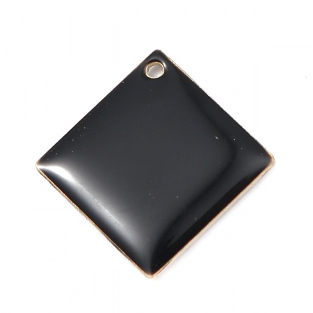 Brass Enamelled Sequins Charms Rhombus Brass Color Black 21mm x 21mm, 10 PCs