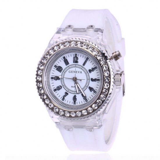 Picture of Silicone Wrist Watches Round Number Light Blue Adjustable Clear Rhinestone Battery Included 25.2cm long, 1 Piece