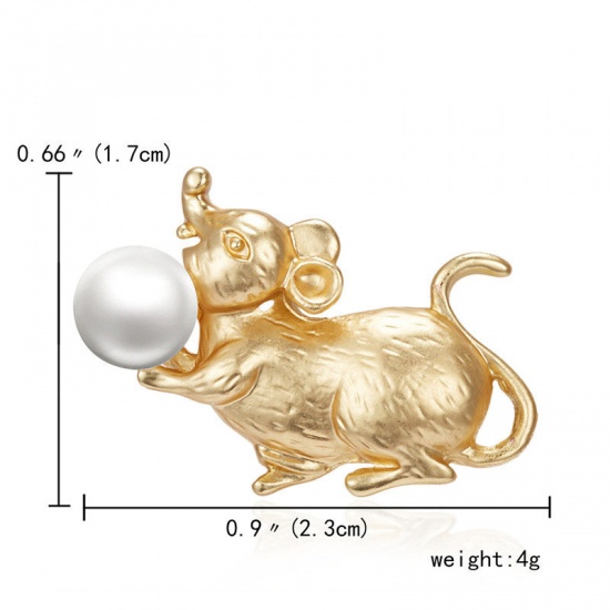 Picture of Pin Brooches Mouse Animal Gold Plated Red Clear Rhinestone 32mm x 30mm, 1 Piece