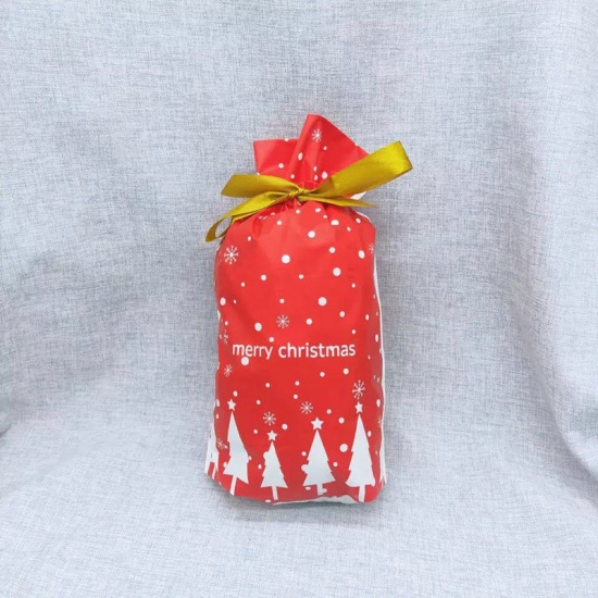 Image de Sacs d'Emballage  Blanc & Rouge Forme Sapin de Noël " Merry Christmas " 23.5cm x 15cm , 10 Pcs