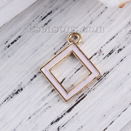 Picture of Zinc Based Alloy Charms Geometric Gold Plated Pink Rhombus Enamel 18mm( 6/8") x 15mm( 5/8"), 30 PCs