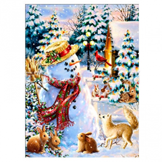 Imagen de Bordado DIY set Diamante Pintura brillante Rectángulo Multicolor Muñeco de nieve Navidad 30cm x 20cm, 1 Juego