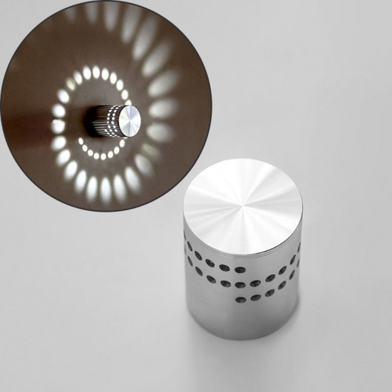 Immagine di Aluminum 3W RGB LED Light Bulb Wall Lamp Spiral Cylinder Silver Tone Warm Beige 68mm(2 5/8") x 54mm(2 1/8"), 1 Piece
