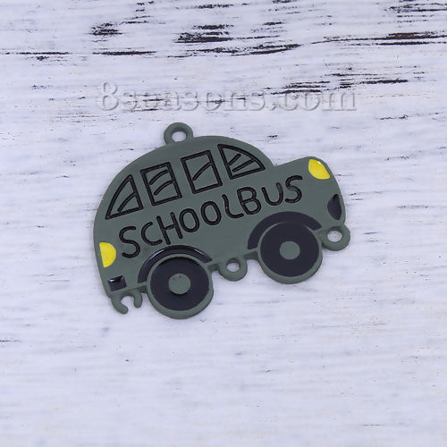 Bild von Zinklegierung Reise Verbinder Auto Schwarz Weiß mit Message Muster " SCHOOL BUS " Emaille, 34mm x 27mm, 5 Stück