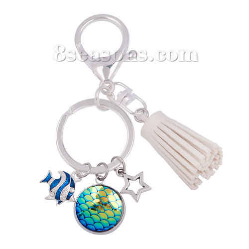 Picture of Mermaid Fish /Dragon Scale Keychain & Keyring Silver Plated & Silver Tone Off-white & Blue AB Color Faux Suede Tassel Star Clear Rhinestone 94mm(3 6/8") x 30mm(1 1/8"), 1 Piece