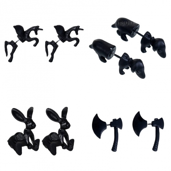 Picture of 3D Double Sided Ear Post Stud Earrings Black Rabbit Animal 22mm( 7/8") x 15mm( 5/8"), Post/ Wire Size: (21 gauge), 2 PCs