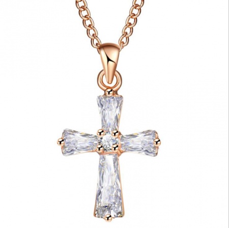 Copper & Cubic Zirconia Necklace Gold Plated Transparent Clear Cross 46cm(18 1/8") long, 1 Piece