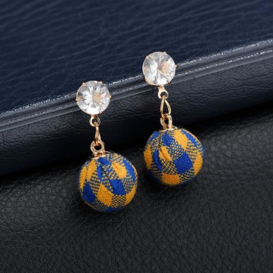 Picture of Fabric Earrings Gold Plated Black Ball Grid Checker Clear Rhinestone 32mm(1 2/8") x 14mm( 4/8"), 1 Pair
