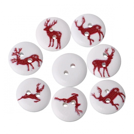 Picture of Wood Sewing Buttons Scrapbooking 2 Holes Round Red At Random Christmas Reindeer Pattern 15mm( 5/8") Dia, 100 PCs