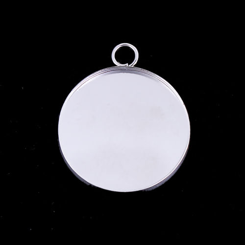 Picture of Iron Based Alloy Pendants Round Silver Plated Cabochon Settings (Fits 25mm Dia.) 30mm x 27mm, 20 PCs