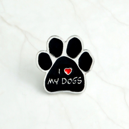 Picture of Pin Brooches Paw Claw Message " MY KIDS HAVE 4 PAWS " Black 25mm x 25mm, 1 Piece