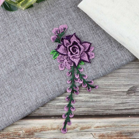 テリレン 刺繍 アップリケ DIY スクラップブッキング クラフト 紫 花 24cm x 10cm、 1 個 の画像