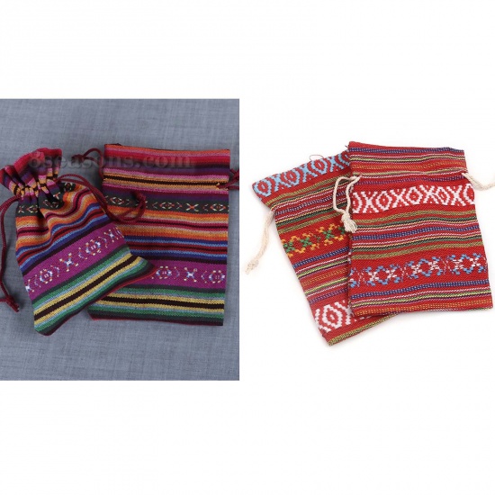 Picture of Cloth Drawstring Bags Drawstring Rectangle Multicolor Stripe (Usable Space: 13x9cm - 11x9cm) 14cm(5 4/8") x 10cm(3 7/8"), 5 PCs
