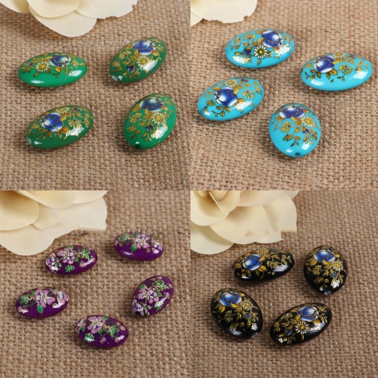 Picture of Acrylic Spacer Japan Painting Vintage Japanese Tensha Beads Oval & Rose Flower Pattern About 
