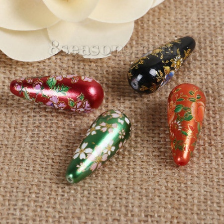 Acrylic Spacer Japan Painting Vintage Japanese Tensha Beads Drop At Random Flower Pattern About 32mm x 13mm, Hole: Approx 1.5mm, 3 PCs