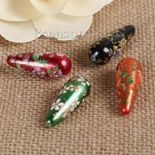Picture of Acrylic Spacer Japan Painting Vintage Japanese Tensha Beads Drop At Random Flower Pattern About 32mm x 13mm, Hole: Approx 1.5mm, 3 PCs