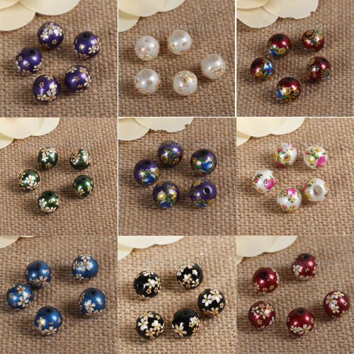 Picture of Glass Japan Painting Vintage Japanese Tensha Beads Round Flower Pattern Imitation Pearl About  