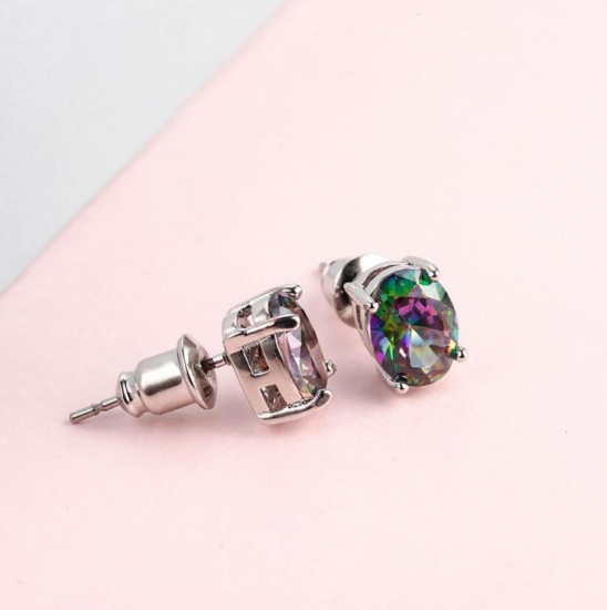 Picture of Brass Ear Post Stud Earrings Silver Tone Oval Multicolor Rhinestone 7mm( 2/8") x 4mm( 1/8"), 1 Pair