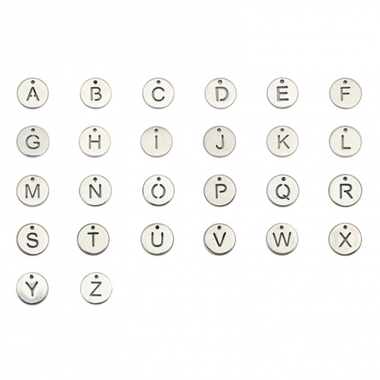 Picture of 304 Stainless Steel Charms Round Silver Tone Initial Alphabet/ Capital Letter Message " A " Hollow 10mm( 3/8") Dia., 5 PCs
