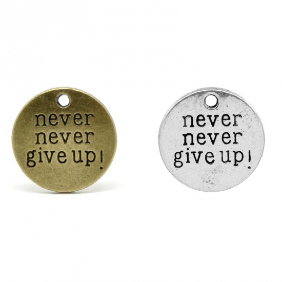 Image de Pendentifs Sport en Alliage de Zinc Rond Bronze Antique Message" never never give up! " 20mm Dia, 20 Pcs