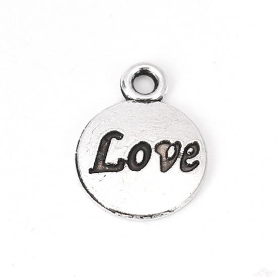 Picture of Zinc Based Alloy Charms Round Antique Bronze Message " LOVE " 15mm( 5/8") x 12mm( 4/8"), 100 PCs