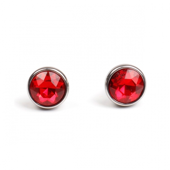 Picture of 304 Stainless Steel Jan Birthstone Ear Post Stud Earrings Silver Tone Round Red Rhinestone 10mm Dia., Post/ Wire Size: (21 gauge), 1 Pair