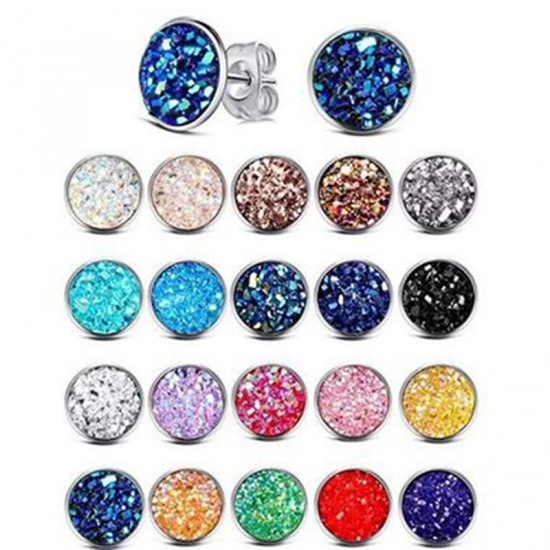 Picture of Stainless Steel Druzy/ Drusy Ear Post Stud Earrings Silver Tone Mixed Color Round With Resin Cabochons 12mm Dia., Post/ Wire Size: (21 gauge), 1 Set (Approx 20 Pairs/Set)