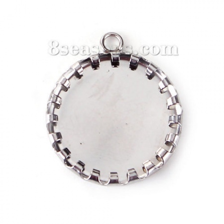 Stainless Steel Charms Round Silver Tone Cabochon Settings (Fits 14mm Dia.) 20mm( 6/8") x 17mm( 5/8"), 20 PCs