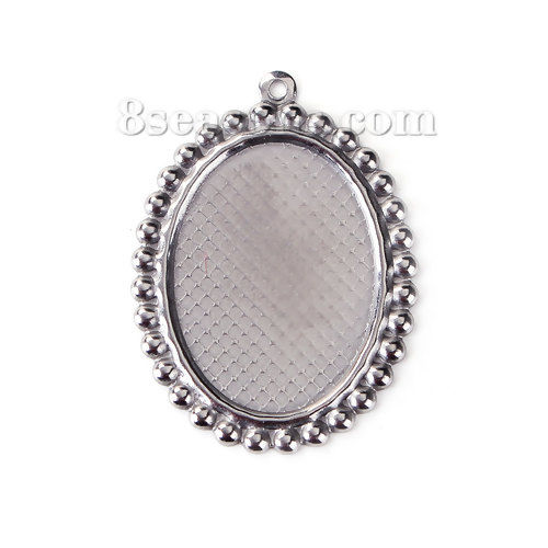 Picture of Stainless Steel Charms Oval Silver Tone Cabochon Settings (Fits 18mm x 13mm ) 27mm(1 1/8") x 20mm( 6/8"), 10 PCs