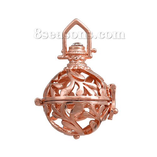 Picture of Copper Mexican Angel Caller Bola Harmony Ball Wish Box Pendants Leaf Carved Clear Rhinestone Can Open  