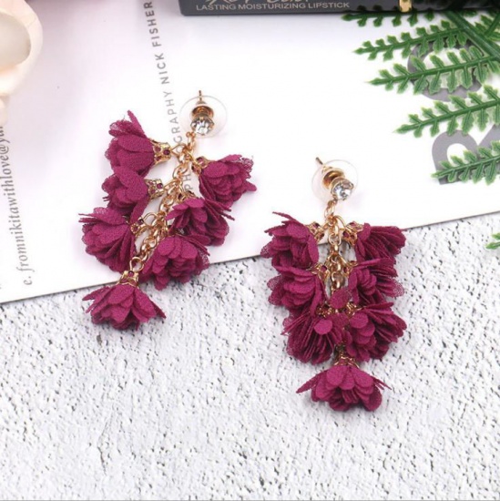 Picture of Fabric Tassel Earrings Gold Plated Fuchsia Flower 50mm(2"), 1 Pair