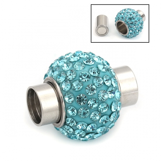 Picture of 304 Stainless Steel Magnetic Clasps Round Silver Tone Blue Rhinestone 18mm( 6/8") x 15mm( 5/8"), 1 Piece