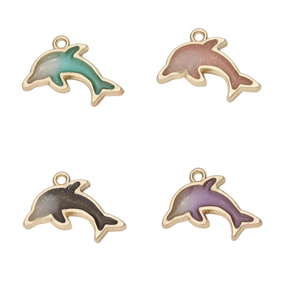 Picture of Zinc Based Alloy Ocean Jewelry Charms Dolphin Animal Gold Plated Black Enamel Glitter 22mm( 7/8") x 14mm( 4/8"), 10 PCs