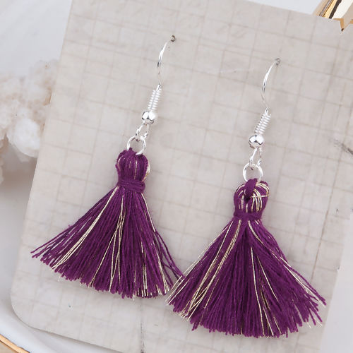 Picture of Polyester Tassel Earrings Silver Plated Coffee 5.2cm(2"), Post/ Wire Size: (21 gauge), 1 Pair