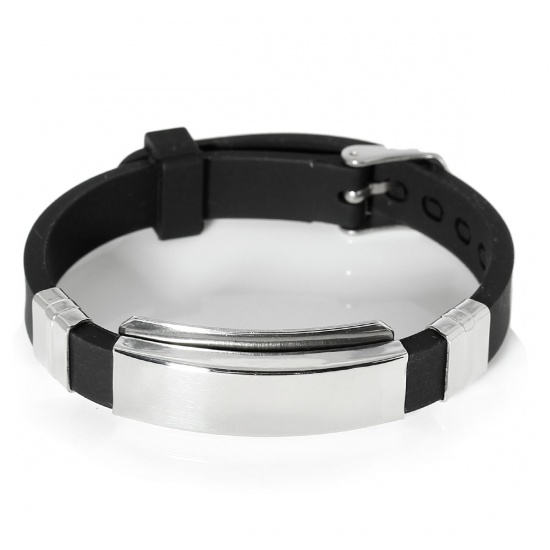 Picture of New Fashion Silicone Bracelets Black, 304 Stainless Steel Silver Tone 22.7cm(8 7/8"), 1 Piece