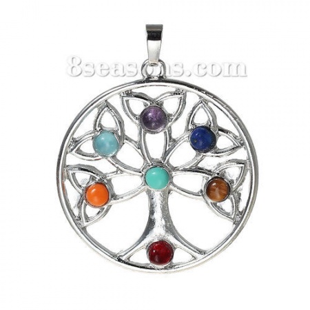 Yoga Healing Gemstone Pendants Round Silver Tone Multicolor Tree Hollow 50mm(2") x 40mm(1 5/8"), 1 Piece