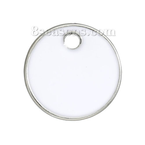 Immagine di Lega di Zinco Charm Ciondoli Tondo Tono Argento Bianco Smalto 16mm Dia, 5 Pz