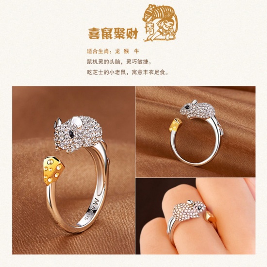 Picture of Brass Open Rings Gold Plated & Silver Tone Mouse Animal Clear Rhinestone 1 Piece                                                                                                                                                                              