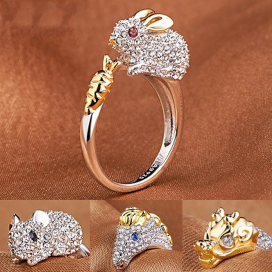 Immagine di Ottone Aperto Anello Oro Placcato & Tono Argento Topo Trasparente Strass 1 Pz                                                                                                                                                                                 