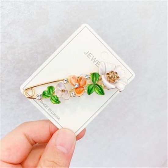 Picture of Pin Brooches Flower Gold Plated Multicolor Clear Rhinestone 70mm x 25mm, 1 Piece