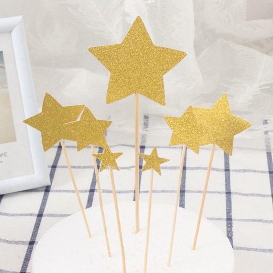 Imagen de Papel Cupcake Picks Toppers Dorado Estrellas de cinco puntos Brillo 19cm x 7cm - 13cm x 2cm , 1 Juego ( 7 Unidades/Juego)