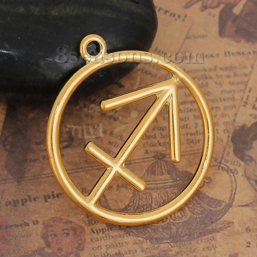 Picture of Zinc Based Alloy Pendants Round Gold Plated Sagittarius Sign Of Zodiac Constellations Hollow 34mm(1 3/8") x 30mm(1 1/8"), 5 PCs