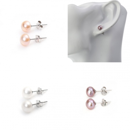 Image de Boucles d'Oreilles Puces en 925 Argent Pur & Perles d'eau douce Violet Rond 7mm - 6mm Dia, Epaisseur de Fil: (20 gauge), 1 Paire
