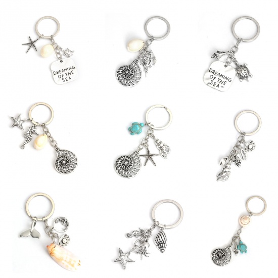 Picture of Ocean Jewelry Keychain & Keyring Antique Silver Blue Tortoise Animal Conch Sea Snail 12.2cm, 1 Piece