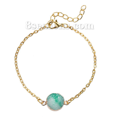 Picture of Resin Druzy /Drusy Bracelets Link Cable Chain Gold Plated Malachite Green Round 20cm(7 7/8") long, 1 Piece