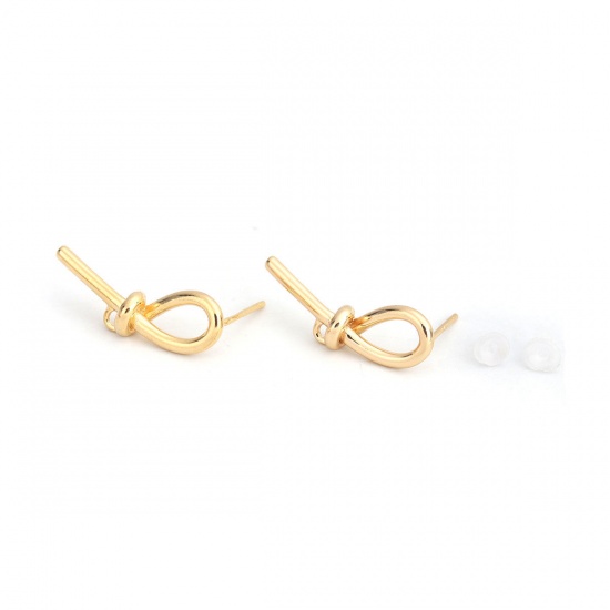 Picture of Brass & Sterling Silver Ear Post Stud Earrings 18K Gold Filled Knot W/ Loop 22mm x 8mm, Post/ Wire Size: (21 gauge), 6 PCs                                                                                                                                    