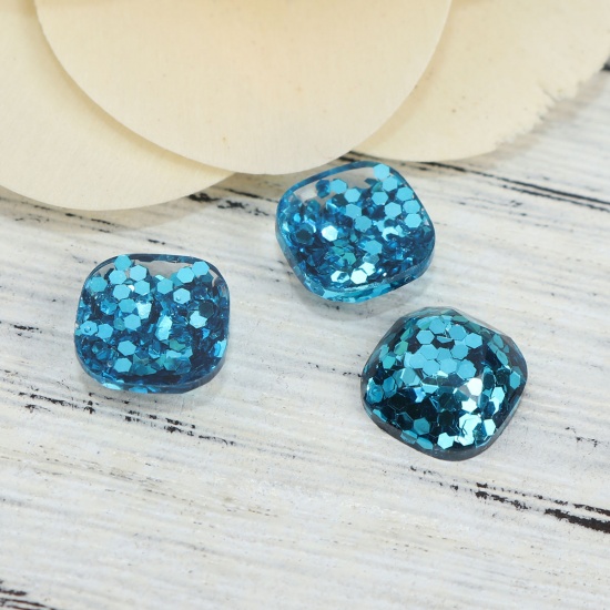 Picture of Resin Dome Seals Cabochon Trapezoid Blue Sequins 11mm x 10mm, 30 PCs
