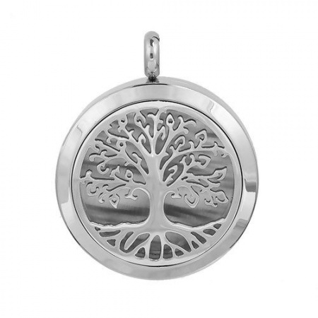 304 Stainless Steel Aromatherapy Essential Oil Diffuser Locket Pendants Round Disc Silver Tone Tree Carved Cabochon Settings (Fits 23mm Dia.) Can Open 37mm(1 4/8") x 30mm(1 1/8"), 1 Piece