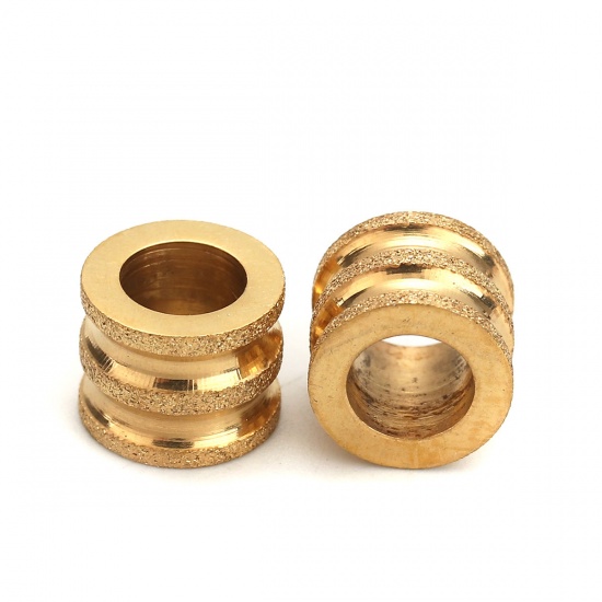 Picture of 304 Stainless Steel Spacer Beads Cylinder Gold Plated Stripe Sparkledust 10mm( 3/8") x 8mm( 3/8"), Hole: Approx 6mm, 2 PCs